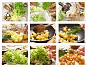 Grünen Salat mit Räucherforelle, Kartoffel-Croûtons und Meerrettichsauce zubereiten
