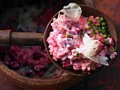 Red beet risotto with caramelised onions and Asiago cheese