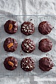 Vegan gingerbread biscuits covered in a dark chocolate glaze