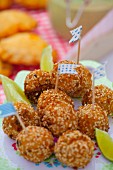 Fish balls with celery, onion and sesame for a picnic