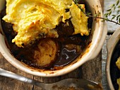 Shepherd's pie with lamb and red wine, topped with mashed potato