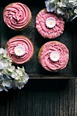 Pink iced cupcakes on a vintage board with flowers