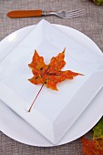 Fall diner celebration in the country, place card made out leaf on a white plate