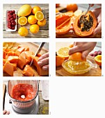 Fatburner Juice aus Papaya, Orange und gefrorenen Himbeeren zubereiten