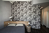 Custom-made headboard against partition wall in elegant bedroom in shades of grey