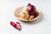 Various onions on a wooden plate