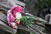 Bouquet of carnations tied with grasses on weathered wood