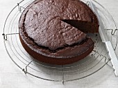 Lactose-free chocolate nut cake on a cooling rack