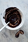 Melted dark chocolate mixing bowl spoon