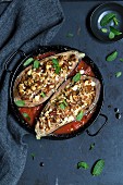 Aubergines filled with Shirataki noodles and crumbled feta with tomato sauce (low carb)
