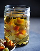 Sour and spicy vegetable skewers pickled in champagne vinegar