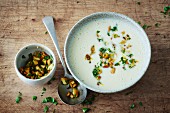 Vegan potato soup with almond crunch topping (soya-free)