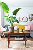 Crockery and house plant on retro coffee table on sisal rug in front of couch with scatter cushions