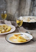 Poached pears with ice cream