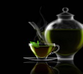 Mint tea, glass teacup, saucer and teapot