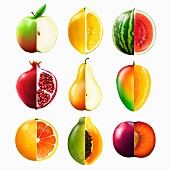 Montage of rows of bisected fruit showing cross sections