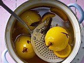 Poached pears in saffron and honey sauce