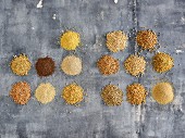Different grain varieties and grain products (top view)