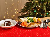 A turkey dinner and Christmas pudding