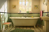 Rubber duck floating in bubble bath in vintage-style bathroom