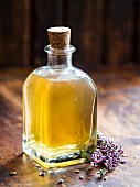 Homemade diy lavender and field horsetail (equisetum arvense) facial toner in a glass bottle