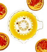 Orange halves and glass juicer