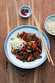 Sweet and sour duck with noodles
