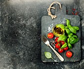 Vintage cutting board and fresh ingredients