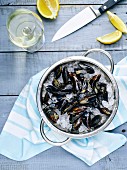 Mussels on ice ready to cook with lemon and white wine