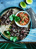 South American Anticuchos - grilled beef skewers with chilli peanut sauce