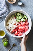 A watermelon jicama cotija salad