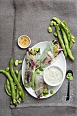 Spring rolls with powdered pork, field beans and avocado & yoghurt dip