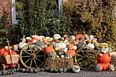 Many different pumpkins on an old trailer