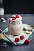Milkshake with white chocolate and raspberries