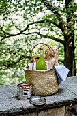 Picnic basket on wall with lemonade bottle, lunch box, artisan bread in a paper bag, and picnic blanket