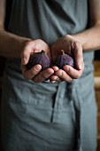 Man with kitchen apron holding figs in his hands
