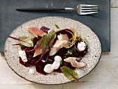 Marinated beetroot with smoked trout and horseradish cream