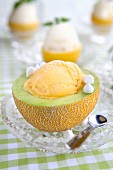 Homemade melon ice cream with small maringues
