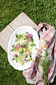 Potpourri of colourful wildflowers on white china plate on lawn
