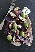 Oven-roasted winter vegetables with dill yoghurt dip