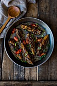 Baked miso and mirin aubergines with sesame seeds and chilli