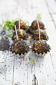 Chickpea balls with black sesame on wooden skewers