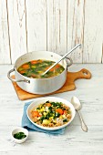 Minestrone with chicken, leek, spinach, corn and wholemeal pasta