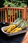 A large plate full of grilled corn on the cob on a table outdoors