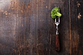 Fresh broccoli on meat fork on dark wooden background