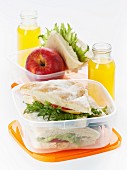 Lunch-Box mit Sandwich und Apfel dazu Saft in Glasfläschchen