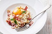 Spaghetti Carbonara on white plate with ham and yolk