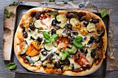 Homemade Roasted Vegetable Pizza with Olives, Basil and Peppers