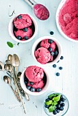 Homemade blueberry ice cream scoops with fresh berries and mint leaves in cups