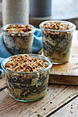 Lentil and nut crumble in glasses